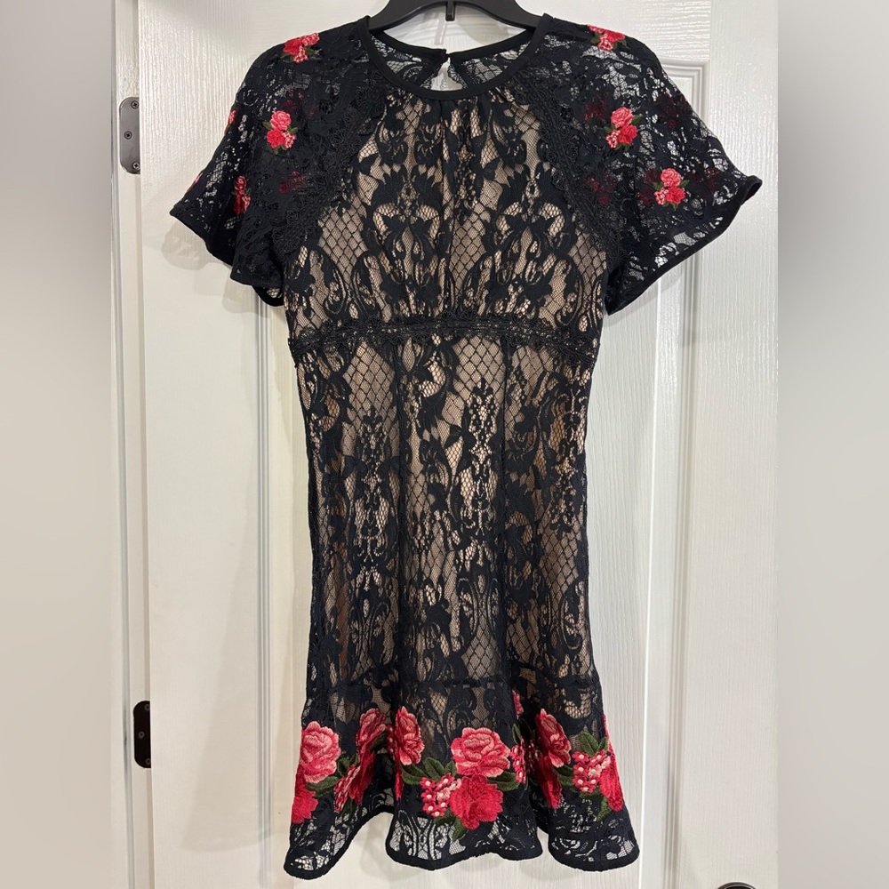 Foxiedox Black Lace, Embroidered Rose Peplum Dress - Picture 2 of 7